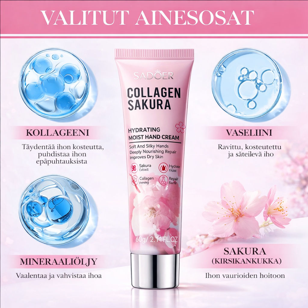 Kollageeni Käsivoide 60g – Kosteuttava & Pehmentävä Käsienhoito SADOER Sakura