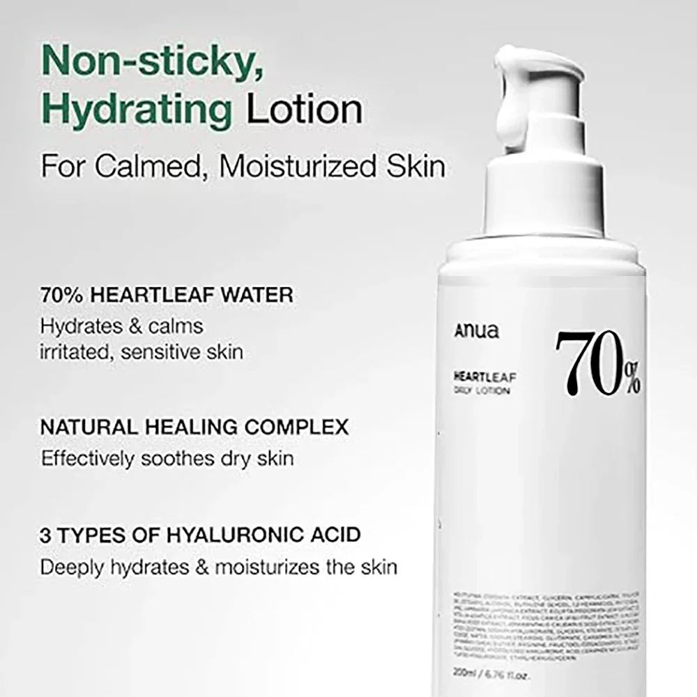 Korean Skincare 70% Heartleaf Lotion - Triple Hyaluronic Acid, Soothing & Hydrating, 200Ml