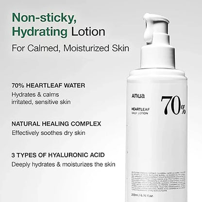 Korean Skincare 70% Heartleaf Lotion - Triple Hyaluronic Acid, Soothing & Hydrating, 200Ml