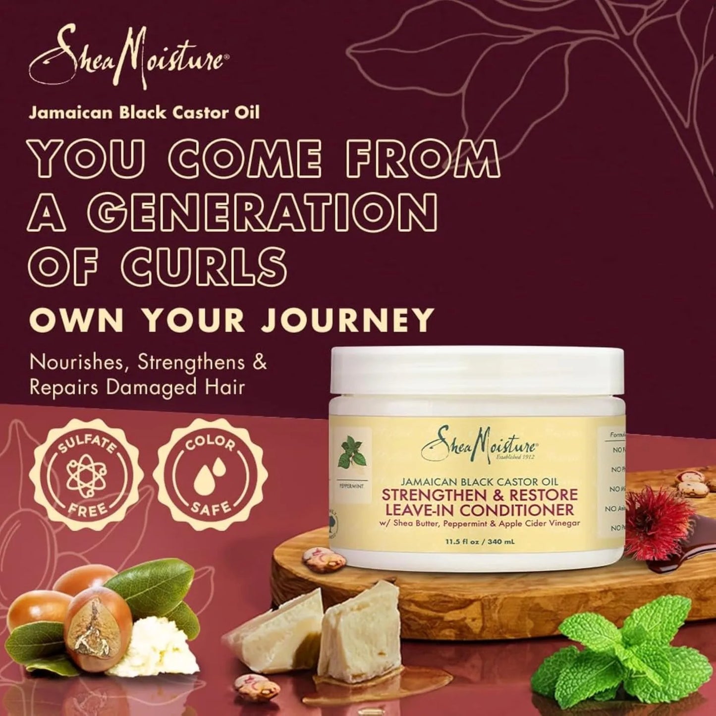 Sheamoisture 100% Pure Jamaican Black Castor Oil Leave in Conditioner for Damaged Hair and to Soften Detangle Hair 11.5Oz