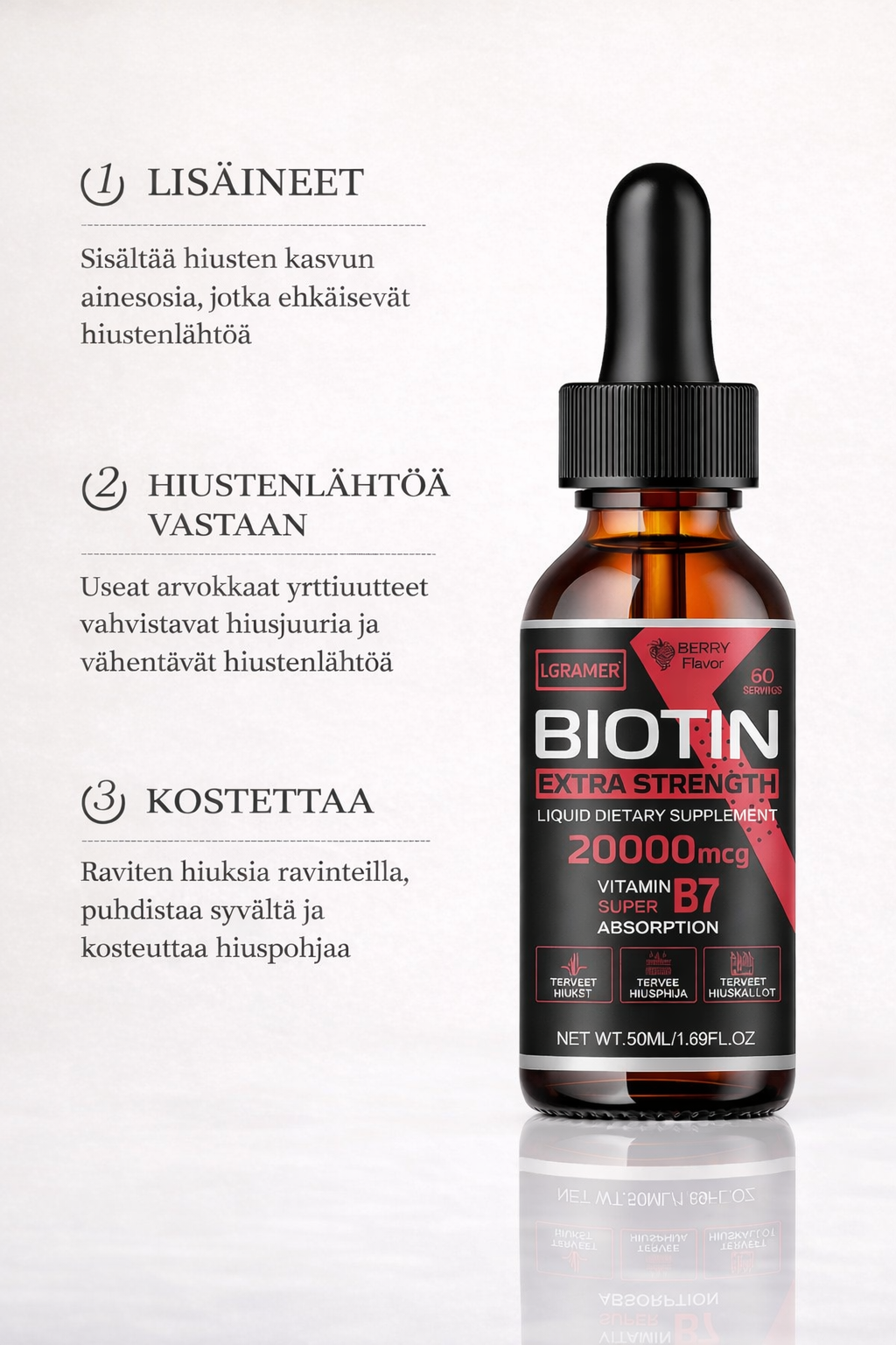 Biotin Hiustenkasvuseerumi – Hiustenlähtöön ja Päänahkan Hoito Spray 30/50ml