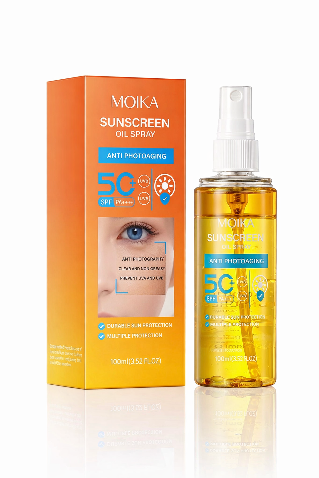 Aurinkosuojasuihke MOIKA  SPF50+ PA++++ 100 ml – Kevyt ja Hengittävä Aurinkosuoja 100ml