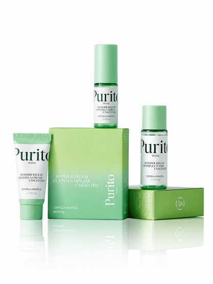 Purito Wonder Releaf Centella Mini Kit hajusteeton – korealainen matkasetti herkälle iholle (tooneri 30 ml + seerumi 15 ml + voide 15 ml)
