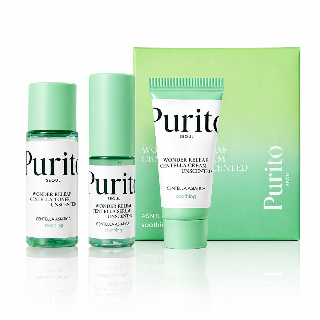 Purito Wonder Releaf Centella Mini Kit hajusteeton – korealainen matkasetti herkälle iholle (tooneri 30 ml + seerumi 15 ml + voide 15 ml)