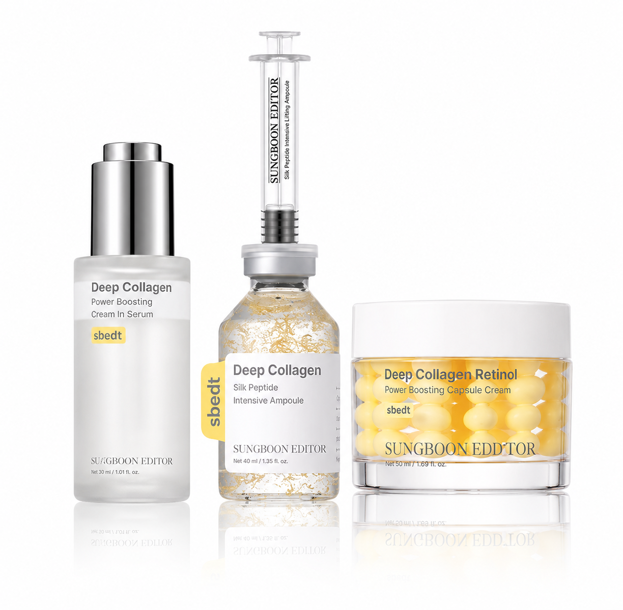 Korealainen Ihonhoitosetti – Silkkikollageeniseerumi 40 ml, Retinolipeptidivoide 50 ml Uudistava Esanssi 30 ml