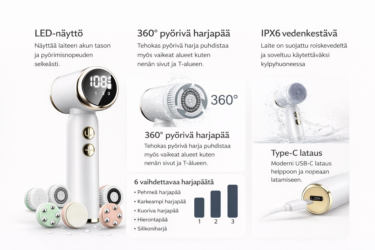 Vedenkestävä sähköinen silikoninen kasvojen puhdistusharja Facial Cleansing 6 in 1