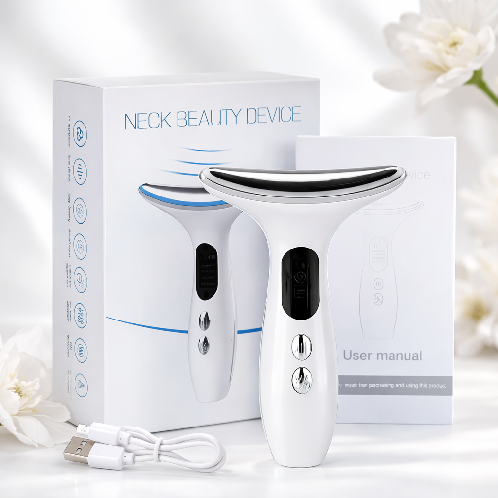 EMS Kasvojen & Kaulan Hierontalaite - 7-in-1 LED-valoterapia, Mikrovirta & Lämpöhieronta