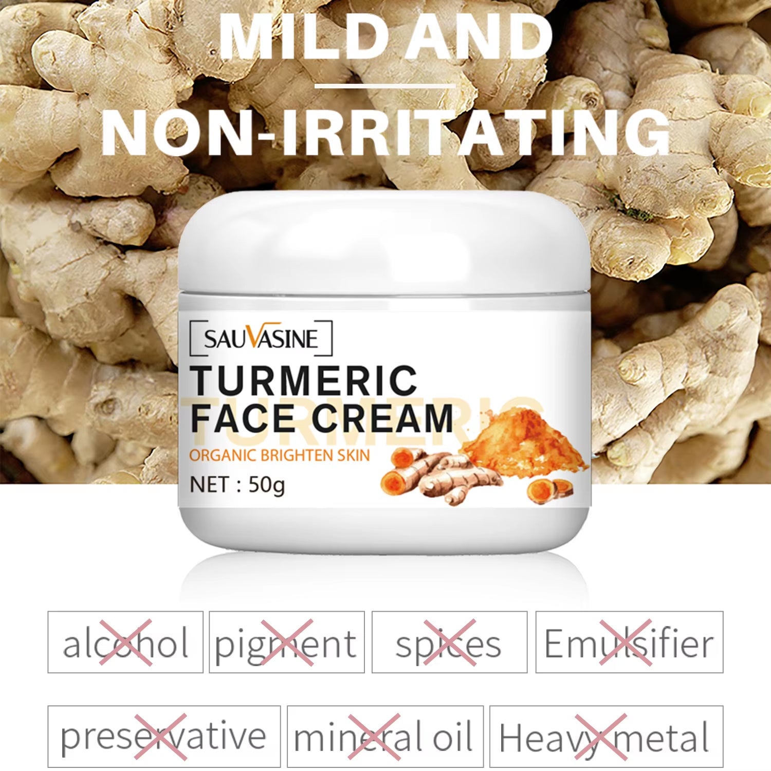50Ml Turmeric Face Cream Skin Whitening Brighten the Skin Shrink Pores Treat Acne Moisturizing Facial Cream for All Skin Types